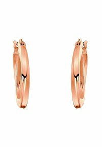 Pendientes de aro en oro rosa que presentan un diseño suave y redondeado con un detalle retorcido y un cierre seguro en la parte superior para facilitar su uso.