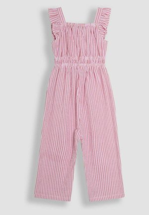 Gestreepte jumpsuit met ruches op de schouderbanden, elastische tailleband en wijde pijpen. Heeft roze en witte verticale strepen op een lichte stof.