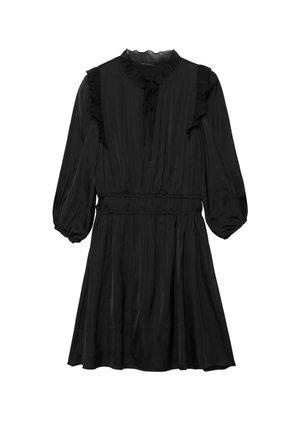 Vestido negro con cuello volante y mangas abullonadas, que presenta una cintura ceñida y una falda fluida, confeccionado en tejido ligero.