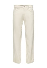 Cream-colored denim jeans with a straight leg design, five pockets, and contrasting metal button closure. Lightly textured fabric.