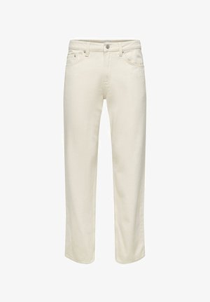 Kremfargede denim jeans med rett ben-design, fem lommer og kontrasterende metallknapp-lukking. Lett teksturert stoff.