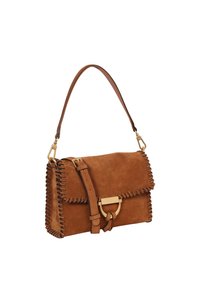 Brown suede handbag with side stitching detail, gold hardware, adjustable strap, and flap closure. Rectangular shape, soft texture.
