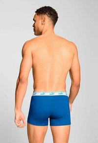 Man standing with back facing camera wearing blue Puma boxer briefs with white waistband against a plain light gray background.