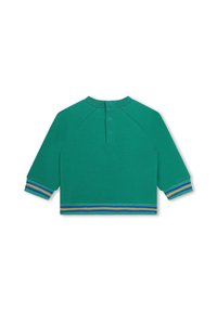 Felpa verde con colletto tondo a coste e tre bottoni sul retro. Caratterizzata da polsini a righe in blu, giallo e verde.