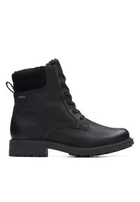 Black leather ankle boots with a textured suede collar, round toe, lace-up front, and rugged outsole for traction.