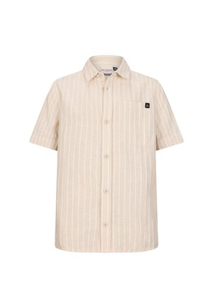 Beiges Kurzarm-Hemd mit weißen vertikalen Streifen und einer Brusttasche mit einem kleinen schwarzen Logopatch.