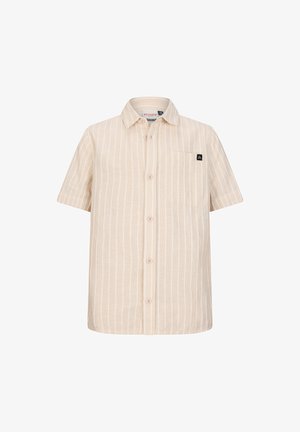 Beiges Kurzarm-Hemd mit weißen vertikalen Streifen und einer Brusttasche mit einem kleinen schwarzen Logopatch.
