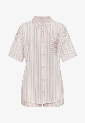 Pajama set s kratkimi rokavi, ki vsebuje srajco z gumbi s pink in belimi navpičnimi črtami ter ujemajočimi se kratkimi hlačami s podobnim vzorcem.