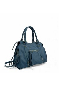 Grand sac à main en cuir bleu avec deux poignées supérieures, bandoulière réglable, poche zippée extérieure et détails en métal doré.