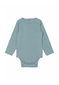 Langärmeliger Bodysuit aus weichem, hellblauem Baumwollstoff mit rundem Ausschnitt und Druckknopfverschlüssen an den Schultern und am Boden für einfaches Ankleiden.