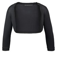 Svart kortärmad cardigan gjord av mjukt stickat material, med långa ärmar, en scalloperad kant och en öppen framsida utan knäppning.