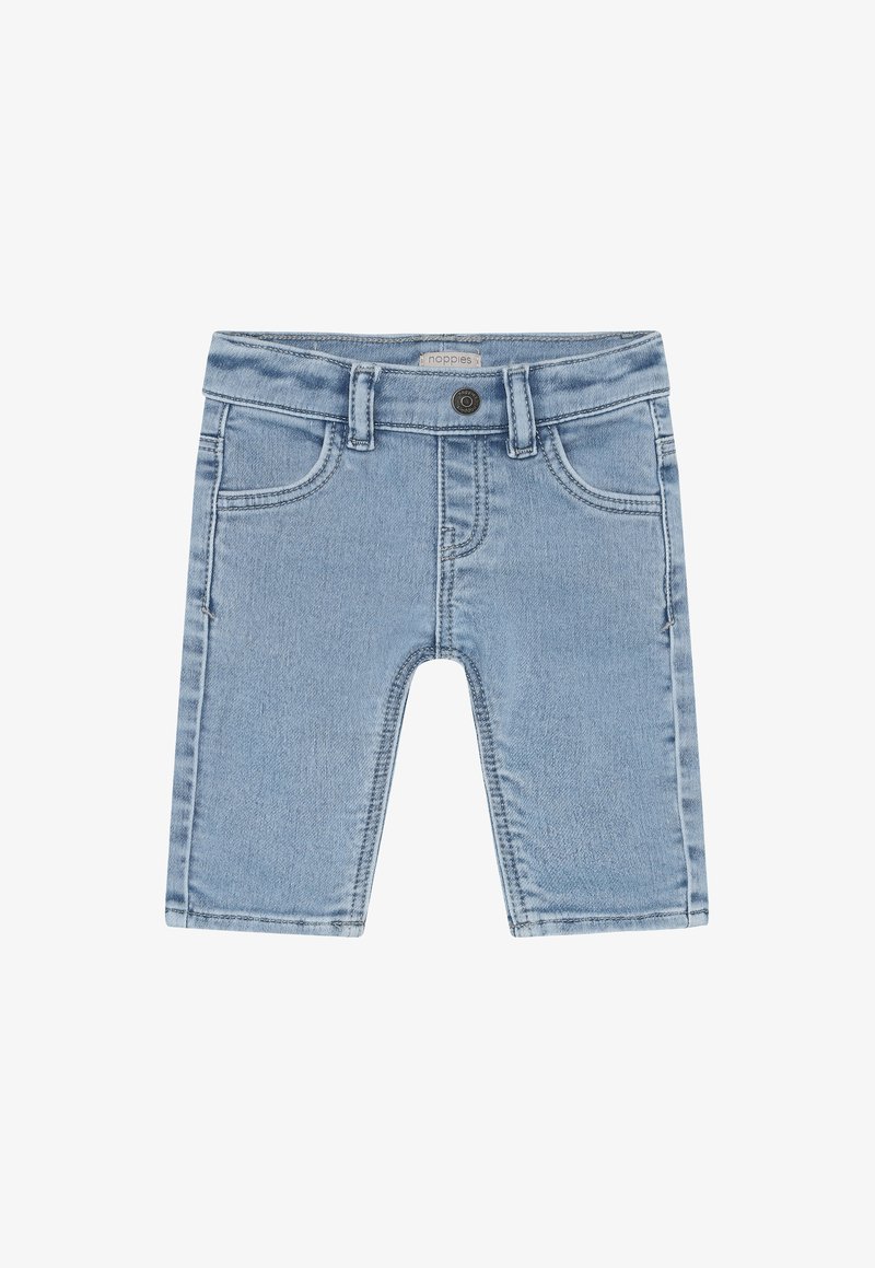 Lichtblauwe spijkerbroek met een rechte pijp, voorzakken en een knoopsluiting; gladde textuur met zichtbare stiksels.