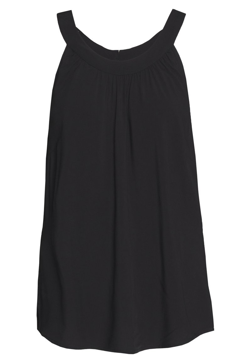 Vestido negro sin mangas con un escote amplio, cuerpo drapeado y silueta en A fluida. Tela suave y dobladillo con bordes redondeados.