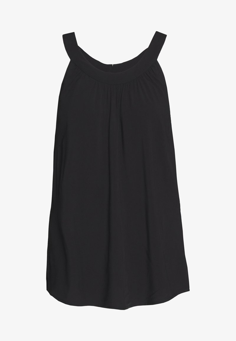 Vestido negro sin mangas con un escote amplio, cuerpo drapeado y silueta en A fluida. Tela suave y dobladillo con bordes redondeados.