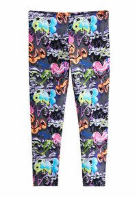 Leggings multicolori con un motivo ispirato al graffitismo, che include cuori, lettere e forme astratte su uno sfondo scuro. Tessuto elastico.