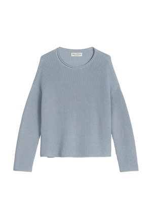 Pull tricoté bleu clair avec un col rond, des manches longues et une coupe décontractée. Tissu texturé avec des détails côtelés à l'ourlet et aux poignets.