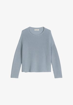 Hellblauer, gestrickter Pullover mit Rundhalsausschnitt, langen Ärmeln und einem lockeren Schnitt. Strukturierter Stoff und gerippte Details am Saum und an den Bündchen.