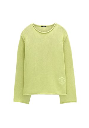 Jasnozielony sweter z dzianiny z długim rękawem, okrągłym dekoltem i niewielkim kwiatowym zdobieniem przy dolnym brzegu po prawej stronie.