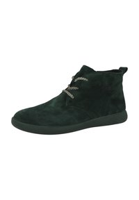 Stivaletto alla caviglia in suede verde scuro con lacci bicolore e suola in gomma nera, vista laterale.