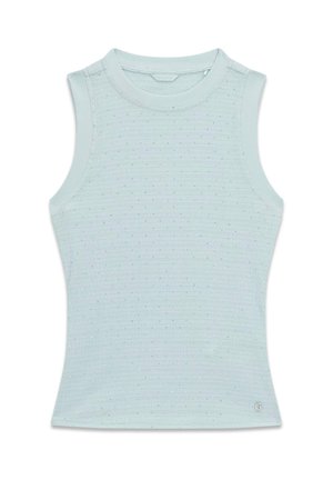 Lichtblauw mouwloos geribd gebreid topje met subtiele glinsterende details en een ronde halslijn.