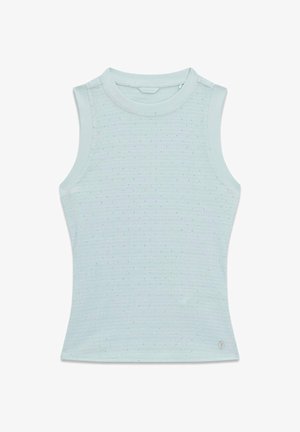 Jasnoniebieski bezrękawnik z prążkowanego dzianiny z subtelnymi błyszczącymi detalami i okrągłym dekoltem.