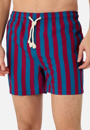 Männlicher Oberkörper, der blau- und weinrot vertikal gestreifte Badeshorts mit einem weißen Kordelzug trägt, der vorne in der Taille gebunden ist.
