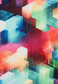 Abstrakcyjny wzór materiału z przezroczystymi kształtami geometrycznymi w żywych kolorach, takich jak niebieski, zielony, różowy i pomarańczowy, na teksturowanym tle.