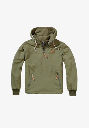 Olivengroene pulloverjas met fleece gevoerde capuchon, halve rits, witte trekkoorden, ritszakken en geribde boorden.