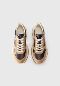 Pair of beige and dark brown leather sneakers with white laces on a white background, viewed from above.