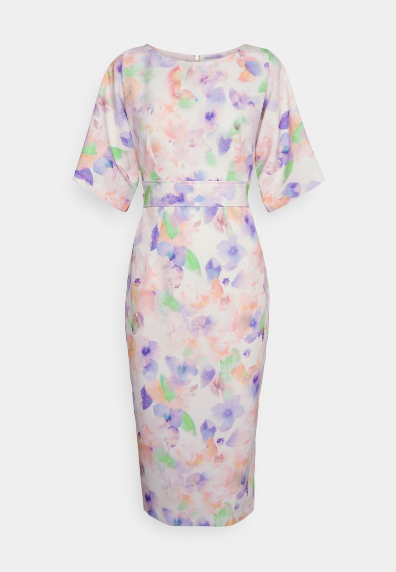 Robe ajustée jusqu'aux genoux avec des manches à coudes et un imprimé floral aquarelle pastel dans des tons de violet, rose, vert et pêches.