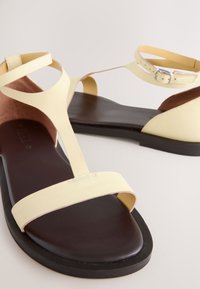 Kollased nahast sandaalid õhukeste rihmadega; lame pruun tald; pahkluu pandlaga; minimalistlik disain; sile tekstuur.