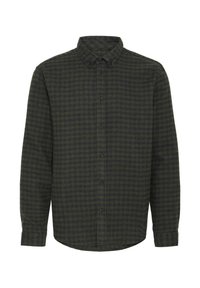 Skjorte med knapper og lange ærmer i et mønster af mørkegrønne og sorte tern med knappet krave.