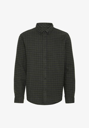 Koszula na guziki z długim rękawem w ciemnozielono-czarną kratę i kołnierzykiem zapinanym na guziki.