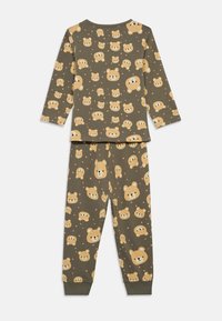 Cotton pajama set in olive green with repeating bear face patterns and small dots. Long-sleeved top and elastic-waist pants.