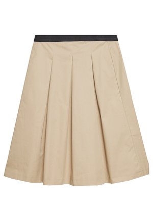 Beige A-line skirt with front pleats and a contrasting black elastic waistband, knee-length, made of smooth fabric.