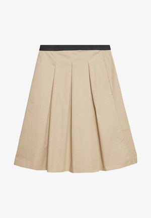 Beige A-formet nederdel med frontplisseringer og en kontrastfuld sort elastisk taljebånd, knælængde, lavet af glat stof.