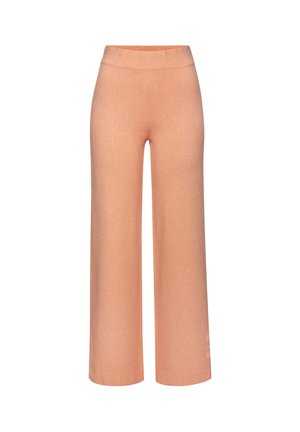 Hellorange weite Hose mit elastischem Bund und ohne sichtbare Taschen oder Verschlüsse.