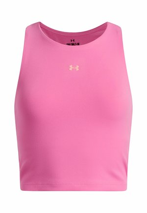 Roze mouwloze cropped top met ronde halslijn en klein Under Armour-logo in het midden van de borst.