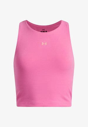 Crop top rose sans manches avec encolure ronde et petit logo Under Armour centré sur la poitrine.