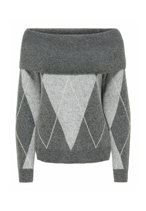 Grijze off-shoulder trui met groot licht- en donkergrijs ruitpatroon en lange mouwen.