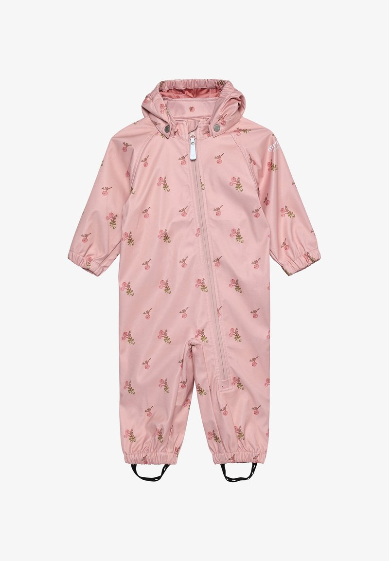 Tuta antipioggia rosa con motivo floreale, con cerniera frontale, polsini elastici e cappuccio regolabile. Realizzata in materiale impermeabile e liscio.