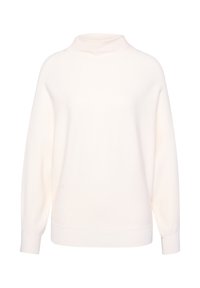Pull en tricot blanc à manches longues avec col montant côtelé, coupe ample, et poignets et ourlet côtelés, présenté sur un fond blanc.