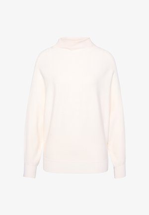 White long-sleeve knit sweater with ribbed mock neck, loose fit, and ribbed cuffs and hem, displayed on a white background.