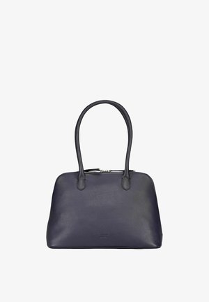 Sac à main en cuir bleu foncé avec une forme structurée, deux poignées et une fermeture à glissière supérieure. Présente une texture granuleuse et un logo en relief subtil.