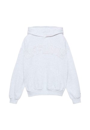 Grauer Kapuzenpullover mit "OFFLINE" auf der Vorderseite gestickt, einem Kängurutasche, strukturiertem Stoff und gerippten Bündchen und Saum.