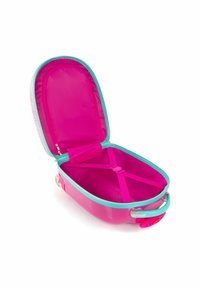 Valigia rigida con un esterno rosa lucido e una cerniera turchese. L'interno presenta un rivestimento rosa brillante e cinghie elastiche per fissare gli oggetti.