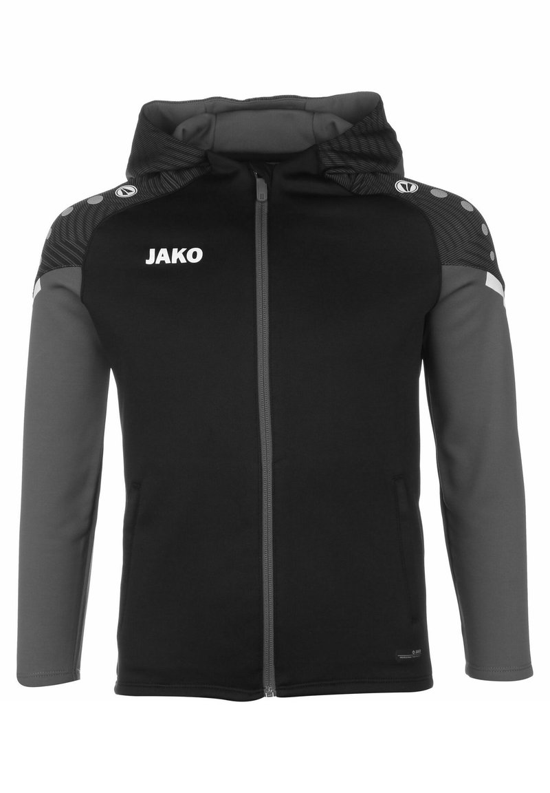 Hoodie zippé noir avec une capuche et des manches grises. Les caractéristiques comprennent un logo sur la poitrine, des accents de manches à motifs et des poches latérales.