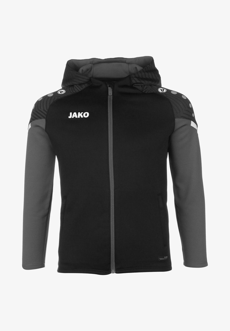 Felpa nera con zip e cappuccio e maniche grigie. Le caratteristiche includono un logo sul petto, accenti a motivi sulle spalle e tasche laterali.