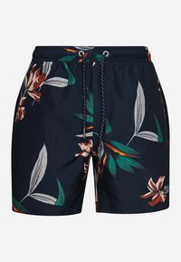 Costumi da bagno da uomo in blu scuro con vivaci motivi floreali in rosso, verde e bianco. Dotati di una vita elastica con cordoncino.