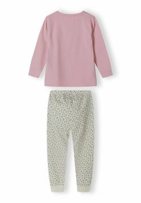Rosa långärmad topp och ljusgrå byxor med ett litet blommönster. Byxorna har ett elastiskt midjeband och uppvikta anklar.